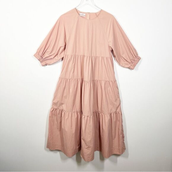 CO Women’s Size Large Dusty Pink Crew Neck Bubble Sleeve Tiered Maxi Dress - Picture 3 of 12